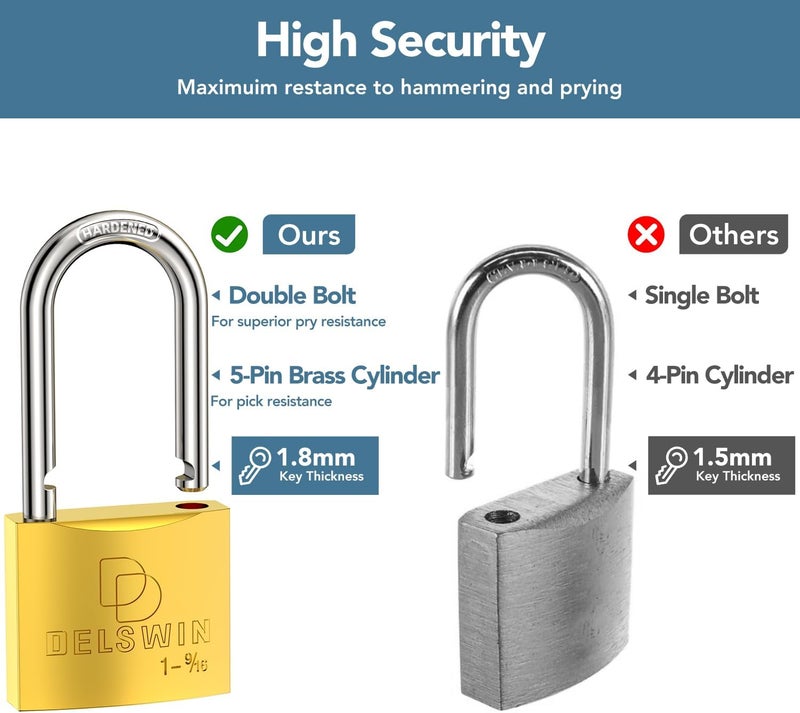 DELSWIN Weatherproof Padlock with Key (Keyed Alike) - Heavy Duty Solid Brass Locker Lock with 1-9/16" Long Shackle, Marine Grade Pad Lock for Outdoor Gate, Fence, Shed (4 Pack) - Image 4